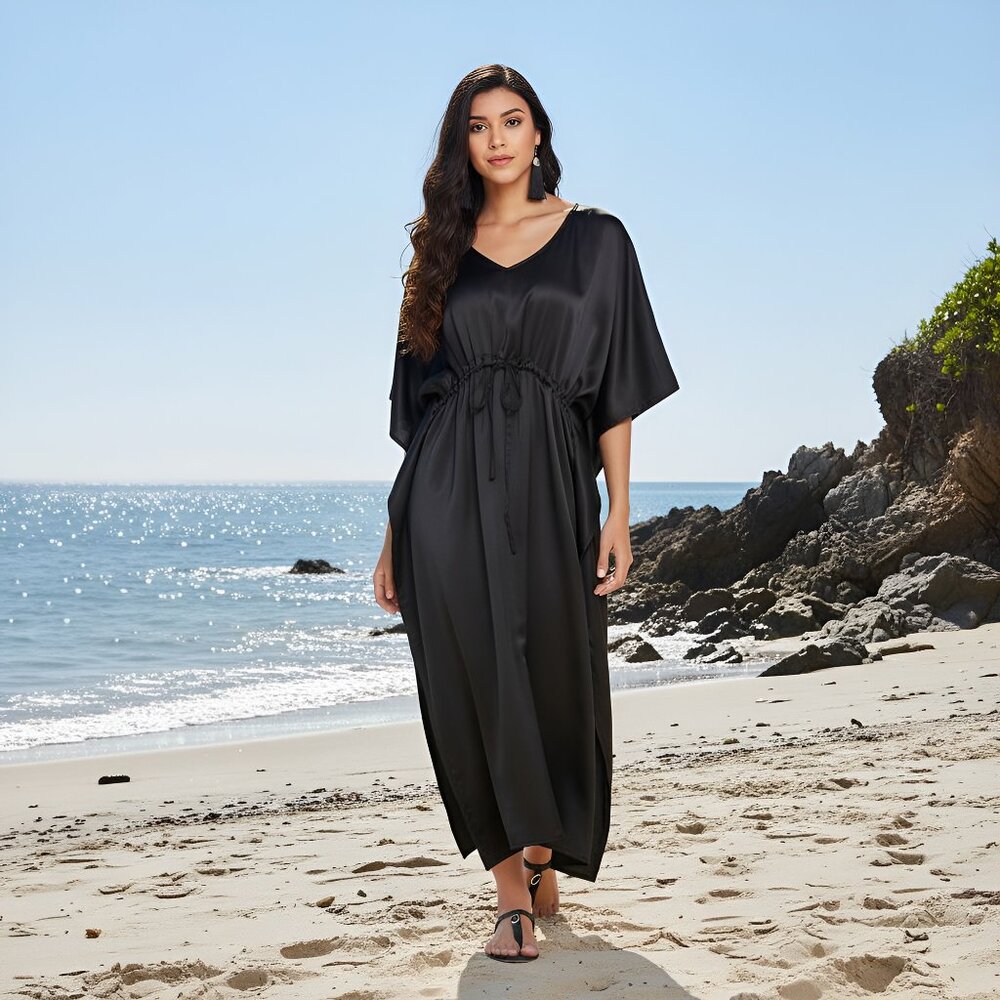 Gypsie Blu Women Satin Caftan Dress Beach Cover Up Maxi Dresses for Summer Wear